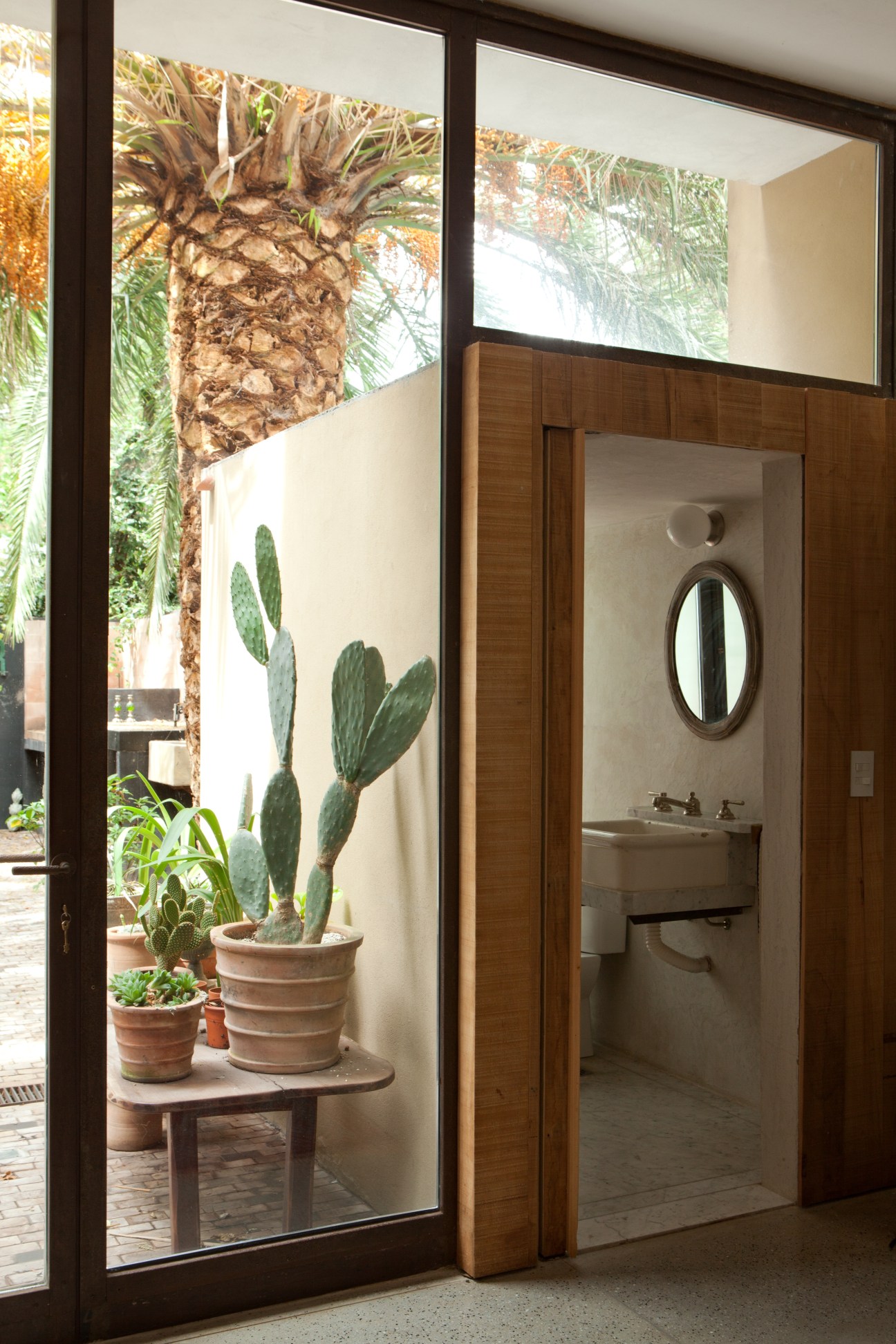 Ground-floor bathroom with wooden door frame opening to garden with potted cacti and palm tree.
