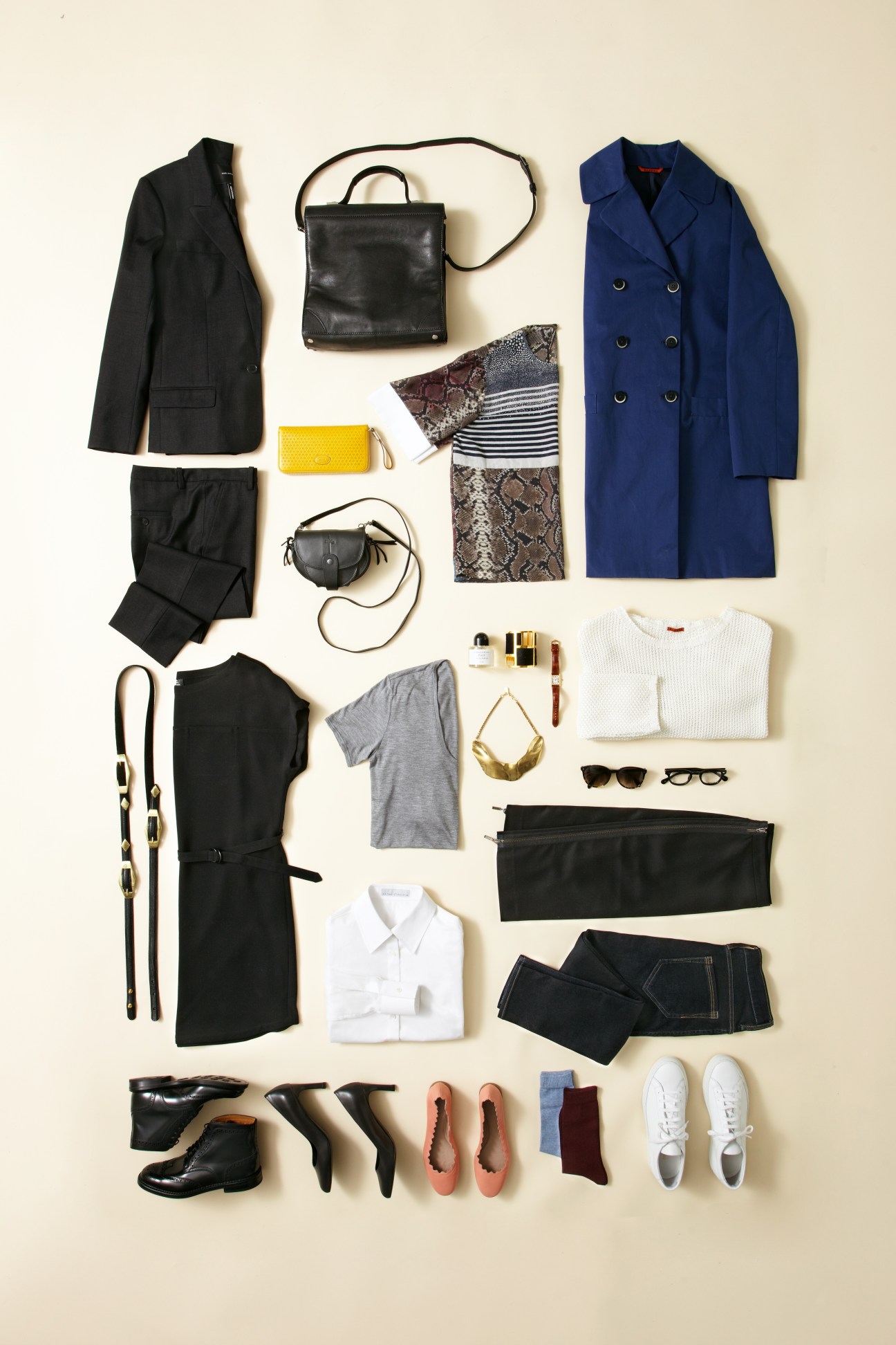 Flat lay of Cecilia Steiner's curated fashion picks including blazers, bags, shoes, accessories and clothing on a beige background.
