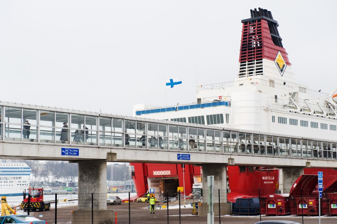 M/S Mariella ferry docked at Helsinki terminal with red and white hull and distinctive funnel.
