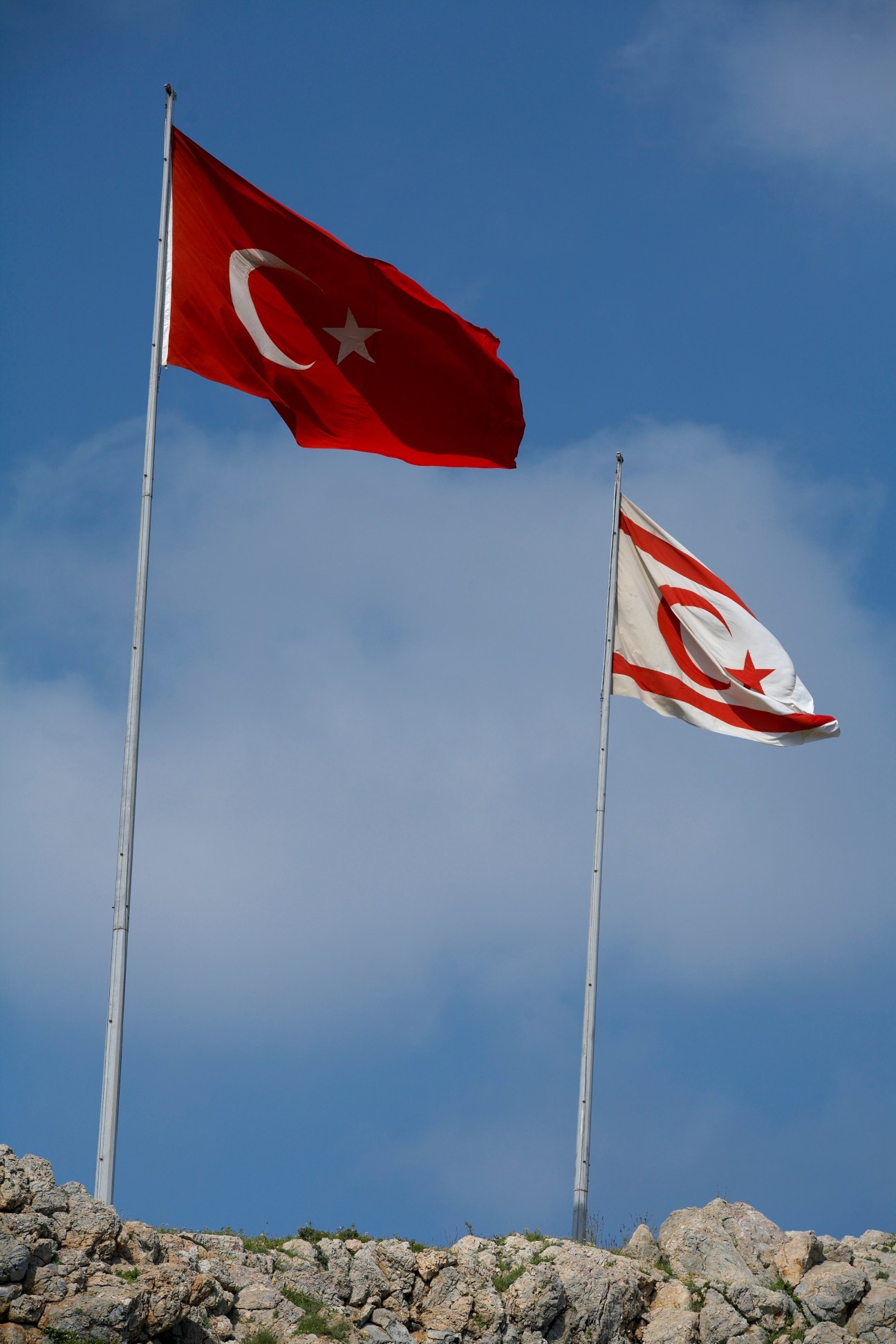 Turkish flag and Turkish Republic of Northern Cyprus flag flying side by side against blue sky