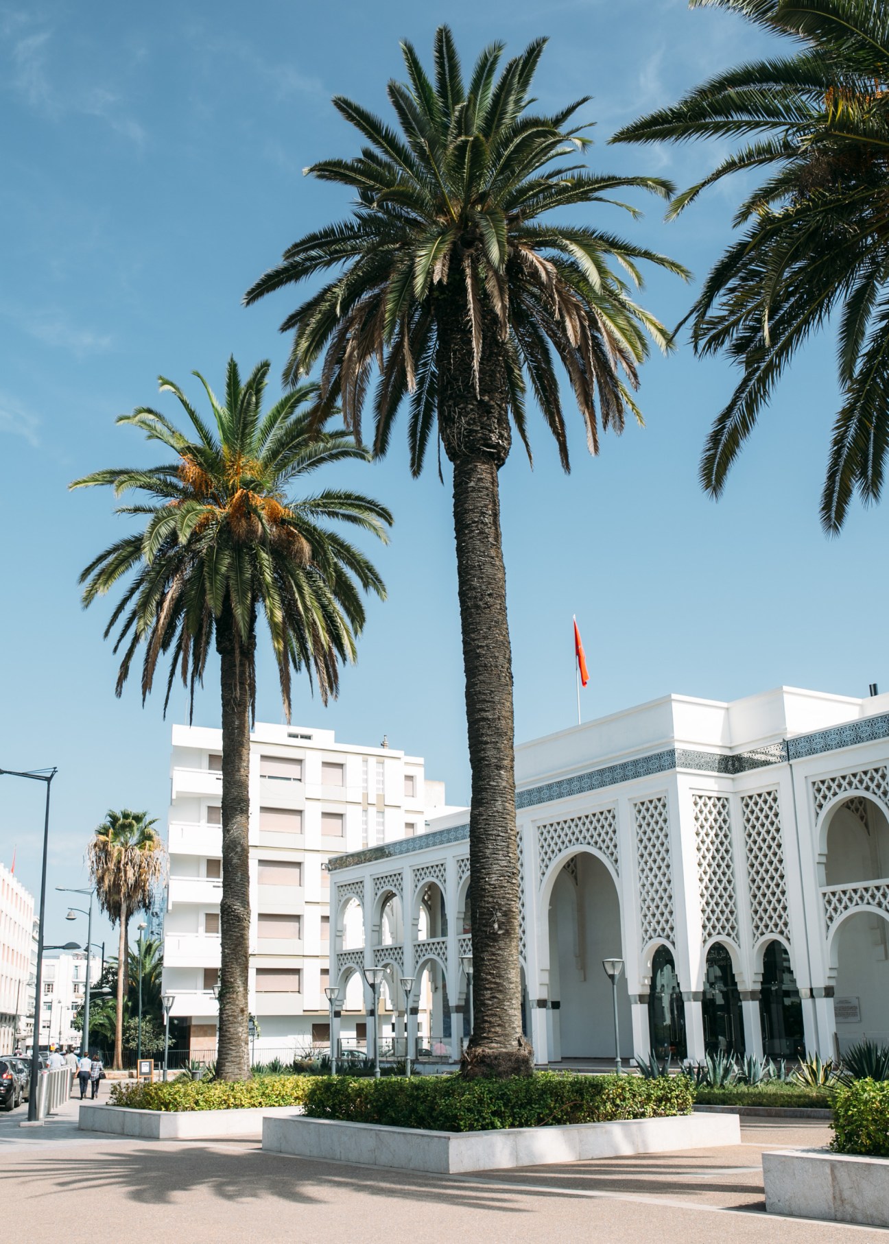 White modern building with geometric latticed facade, palm trees, and Moroccan flag under blue sky.