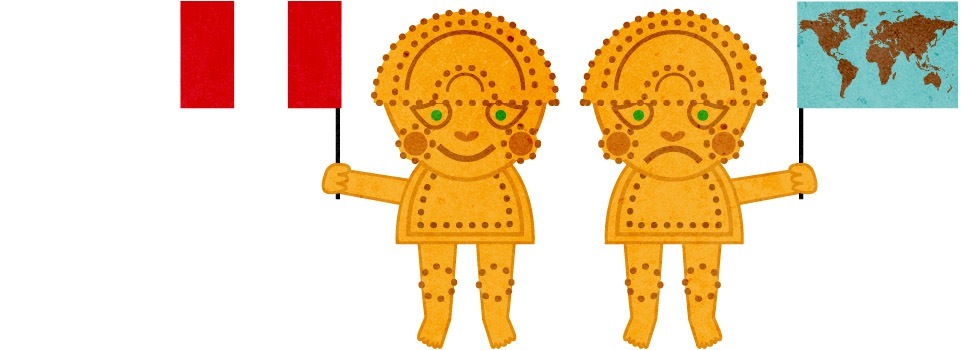 Illustration of two golden figures holding red flags with a world map in the background.