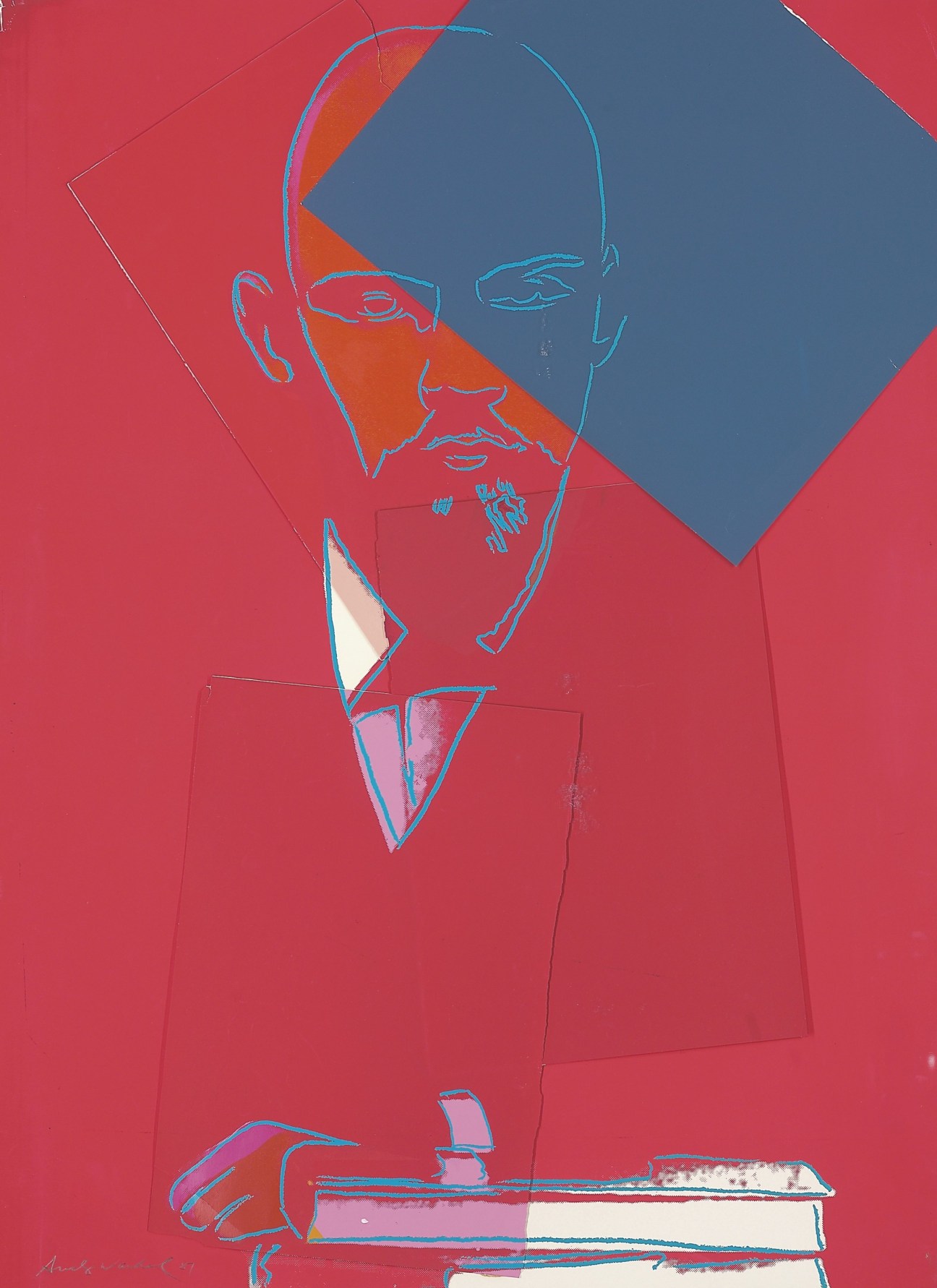 Andy Warhol's portrait of Lenin in blue outline on a vibrant red and blue background.