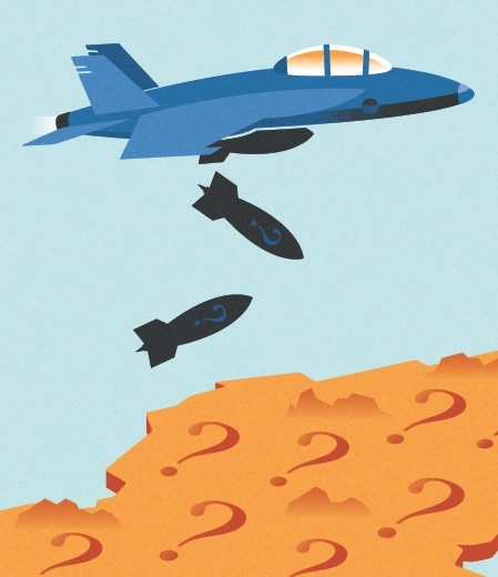 Illustration of a blue fighter jet dropping two black missiles toward a desert terrain covered with question marks.