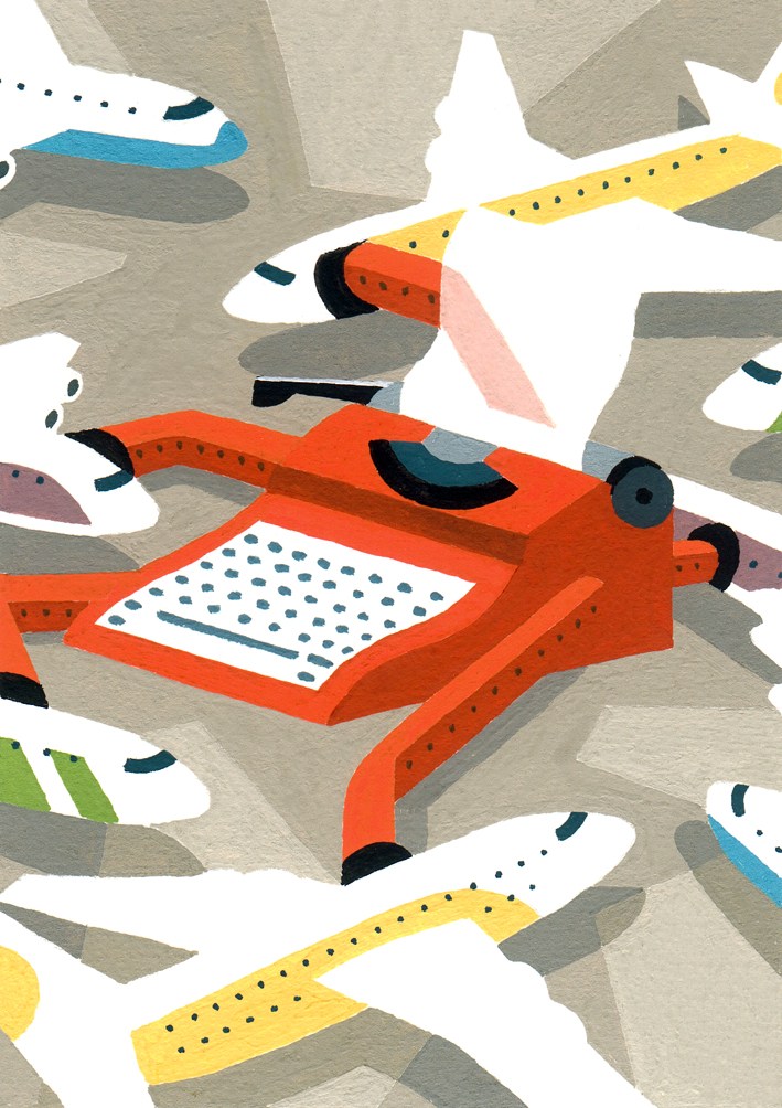 Illustration of a red typewriter surrounded by colorful aircraft at an airport.