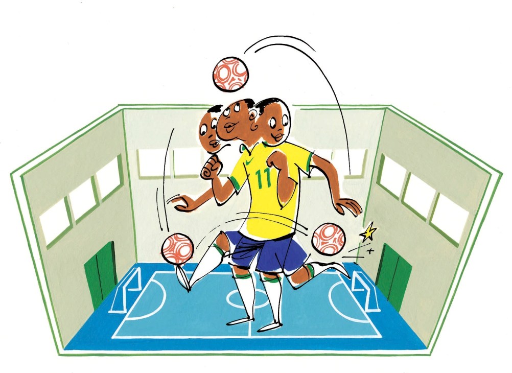 Illustration of a multi-headed Brazilian footballer juggling soccer balls in an indoor futsal court.