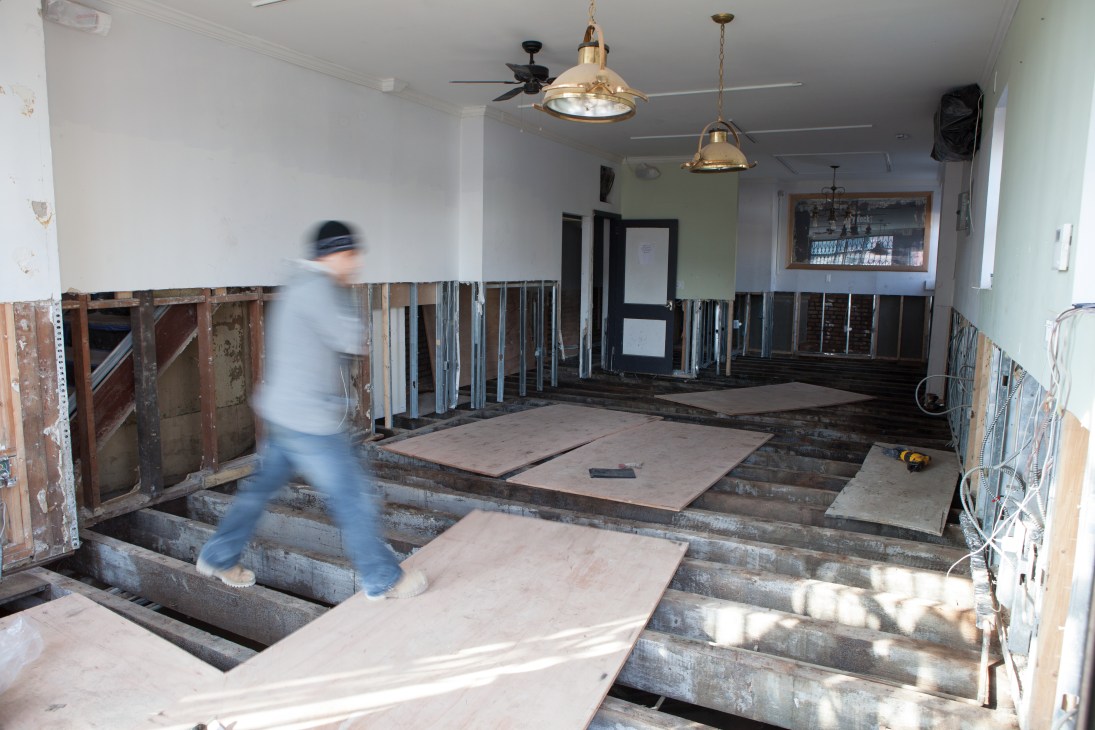 Interior of Dry Dock liquor store in Red Hook showing water damage and reconstruction after Hurricane Sandy.