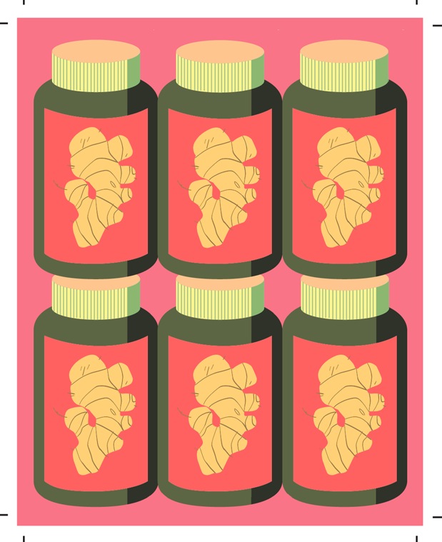 Illustration of six ginger supplement bottles with yellow labels and green caps on a pink background.