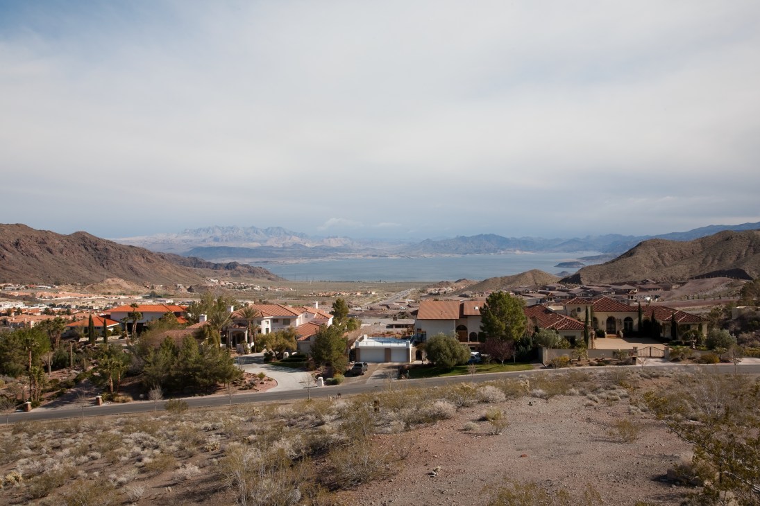 View of Lake Mead from Boulder City with residential homes and desert landscape