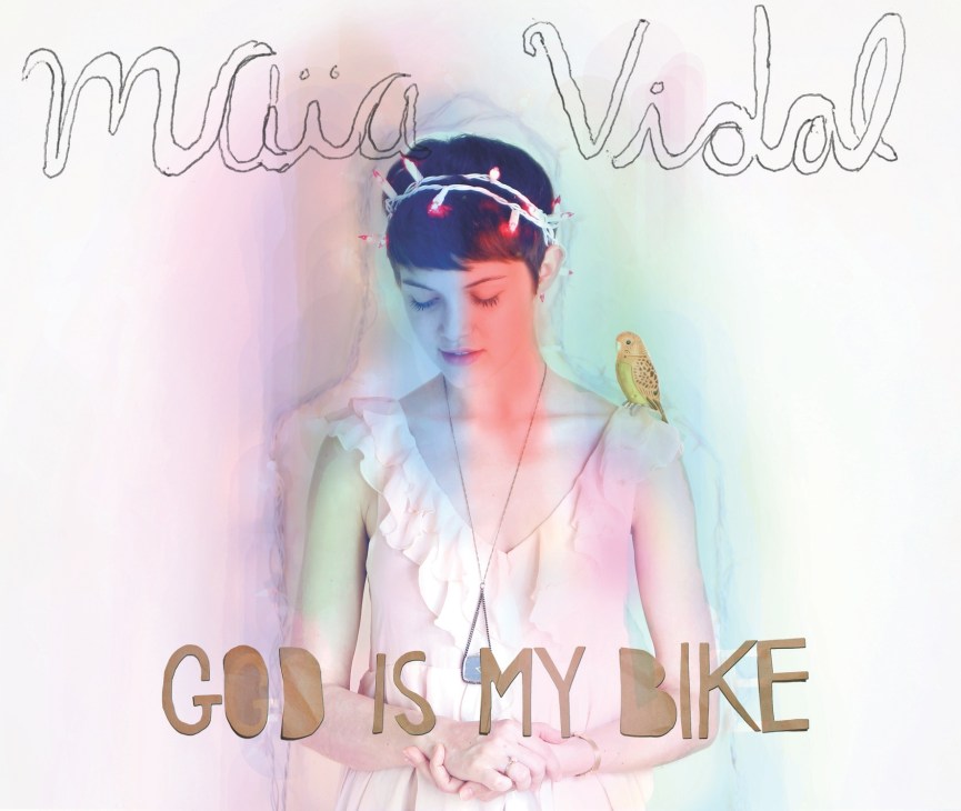 Album cover for God is My Bike by Maïa Vidal featuring a woman with glowing headphones and a bird against pastel watercolor background.