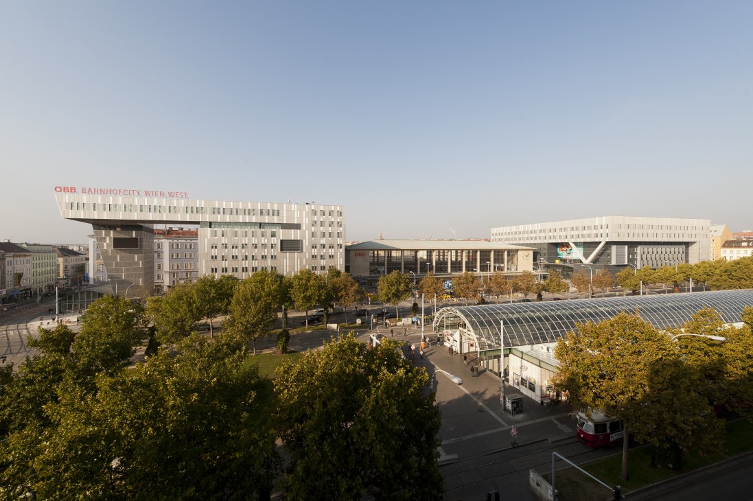 Austria's ÖBB Bahnhofcity Wien West railway station with modern architectural design featuring cantilever structure and contemporary facade.