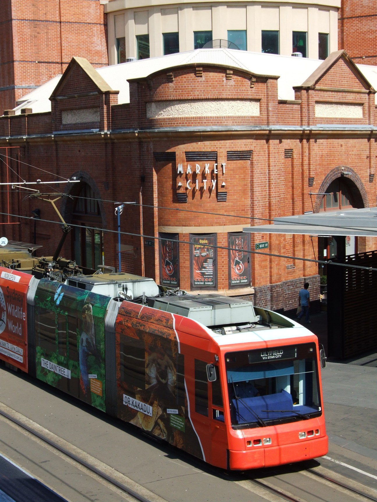 Red and white light rail tram passing historic brick buildings in Sydney city centre.
