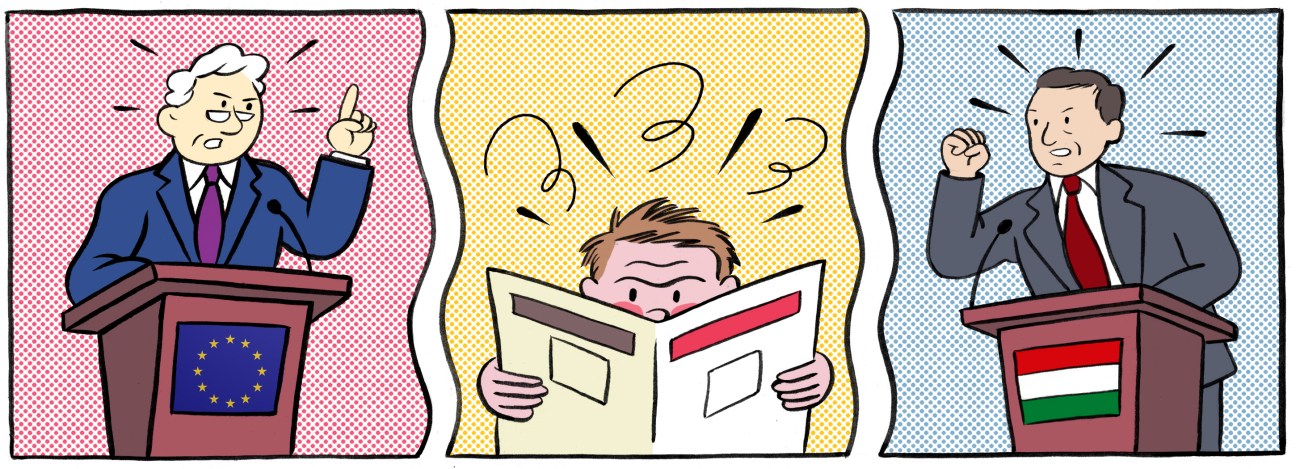 Cartoon illustration of three political figures at podiums representing EU political tensions and governance issues.