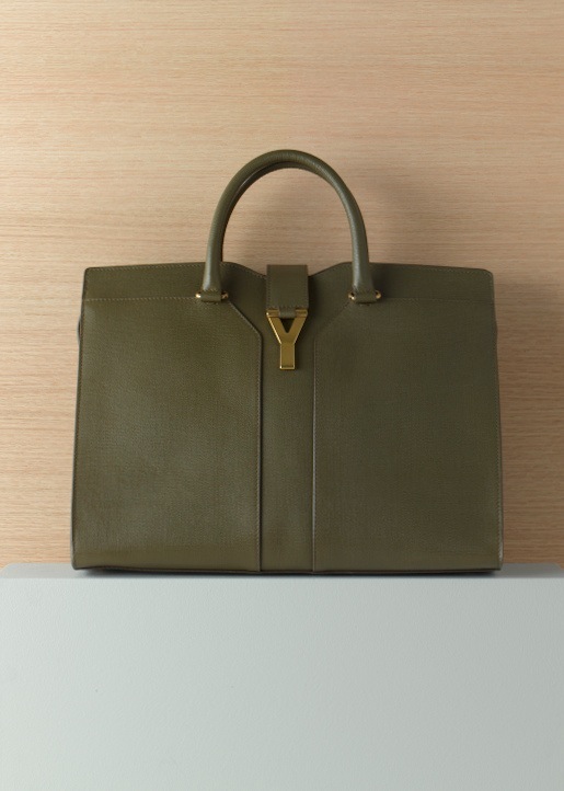 Olive green Yves Saint Laurent Cabas Chyc tote bag with gold Y-lock detail and handles.