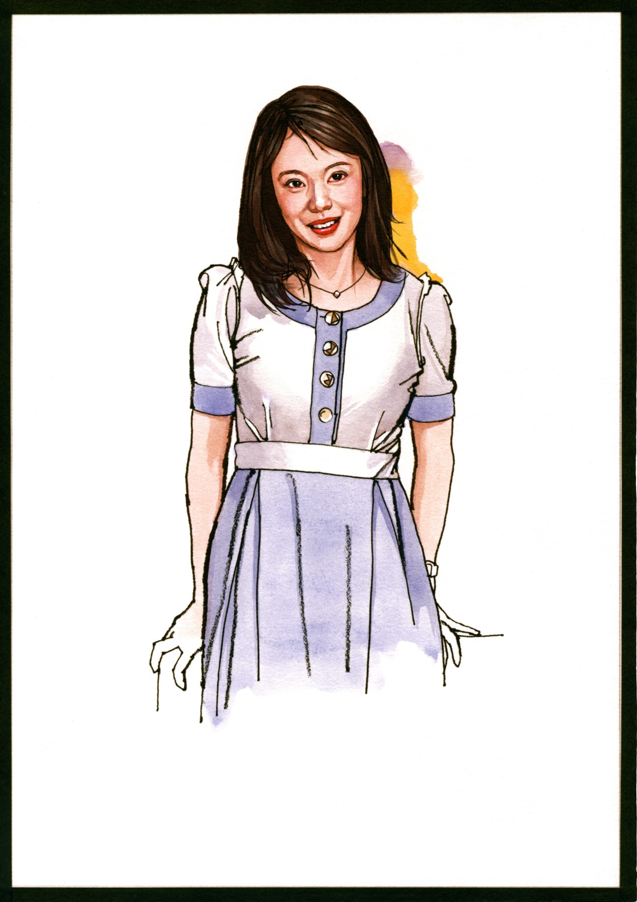 Illustration of Geling Yan, a Chinese novelist, wearing a white and lavender dress with short dark hair and red lipstick.