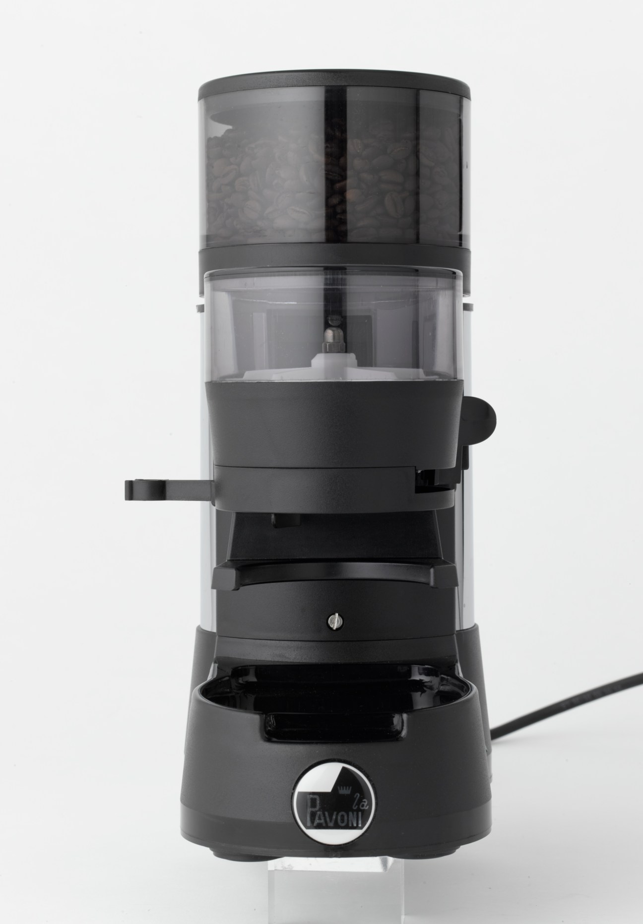 La Pavoni burr grinder with black body and transparent hopper, shown against white background.
