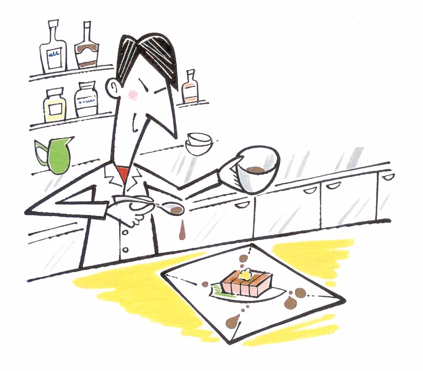 Illustration of a woman juggling cooking, farming, and bar work with shelves of bottles and a plate of food.