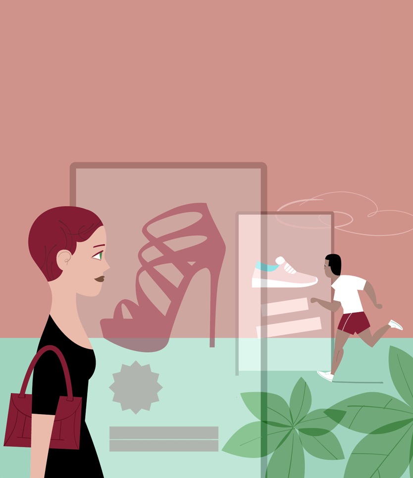 Illustration of a woman viewing digital billboards displaying fashion items and products.