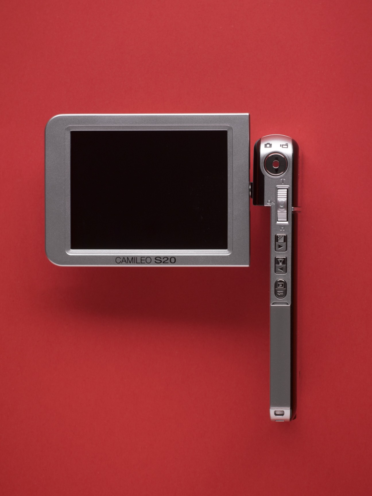 Toshiba Camileo S20 high-definition camcorder displayed against a red background.