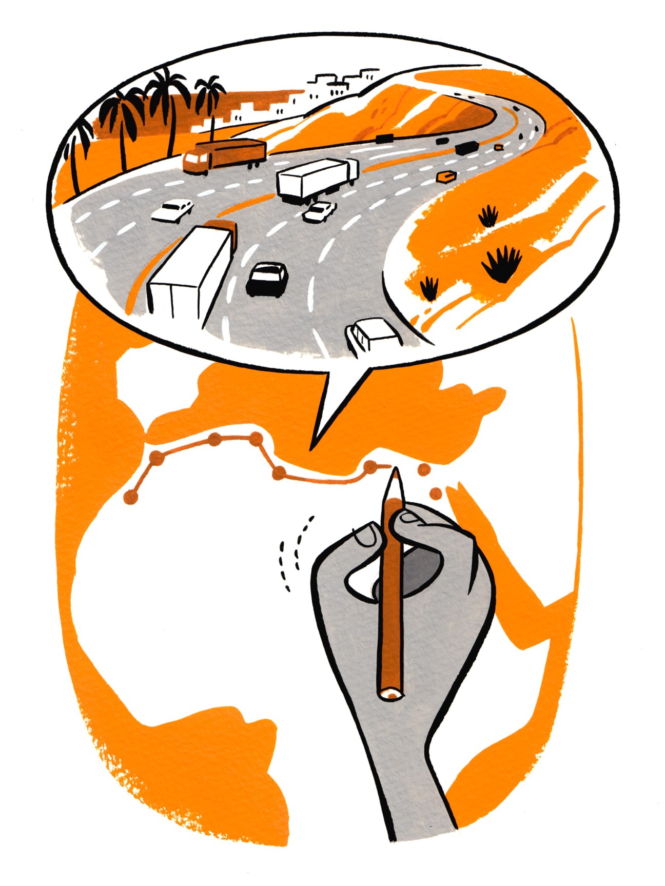 Illustration of North Africa motorway project showing a hand holding a lit match above an orange map with a thought bubble depicting a multi-lane highway with vehicles and desert landscape.