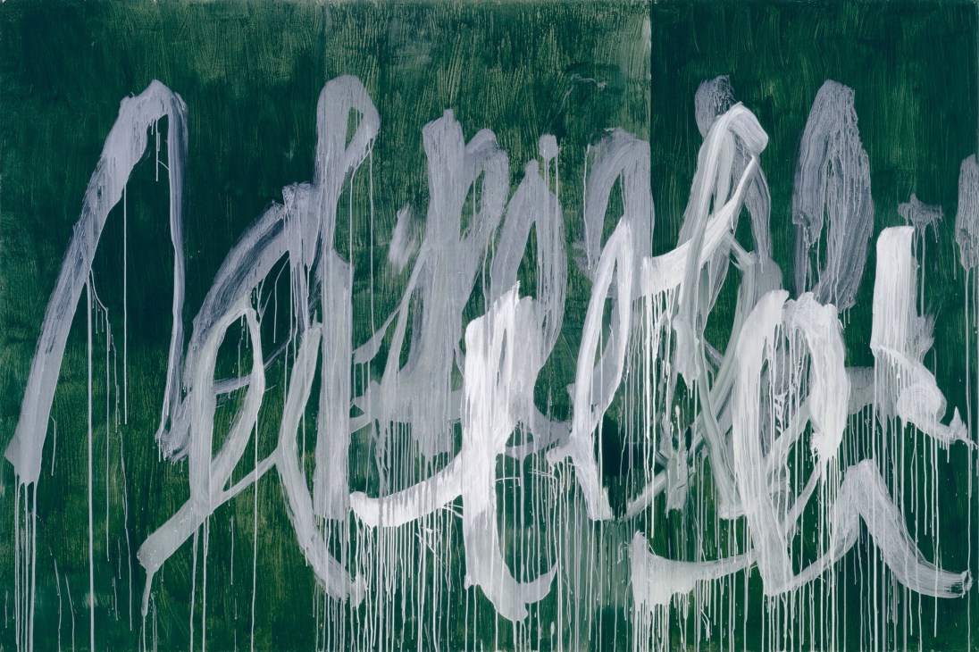 Abstract expressionist artwork with white gestural marks and dripping lines on a dark green background.