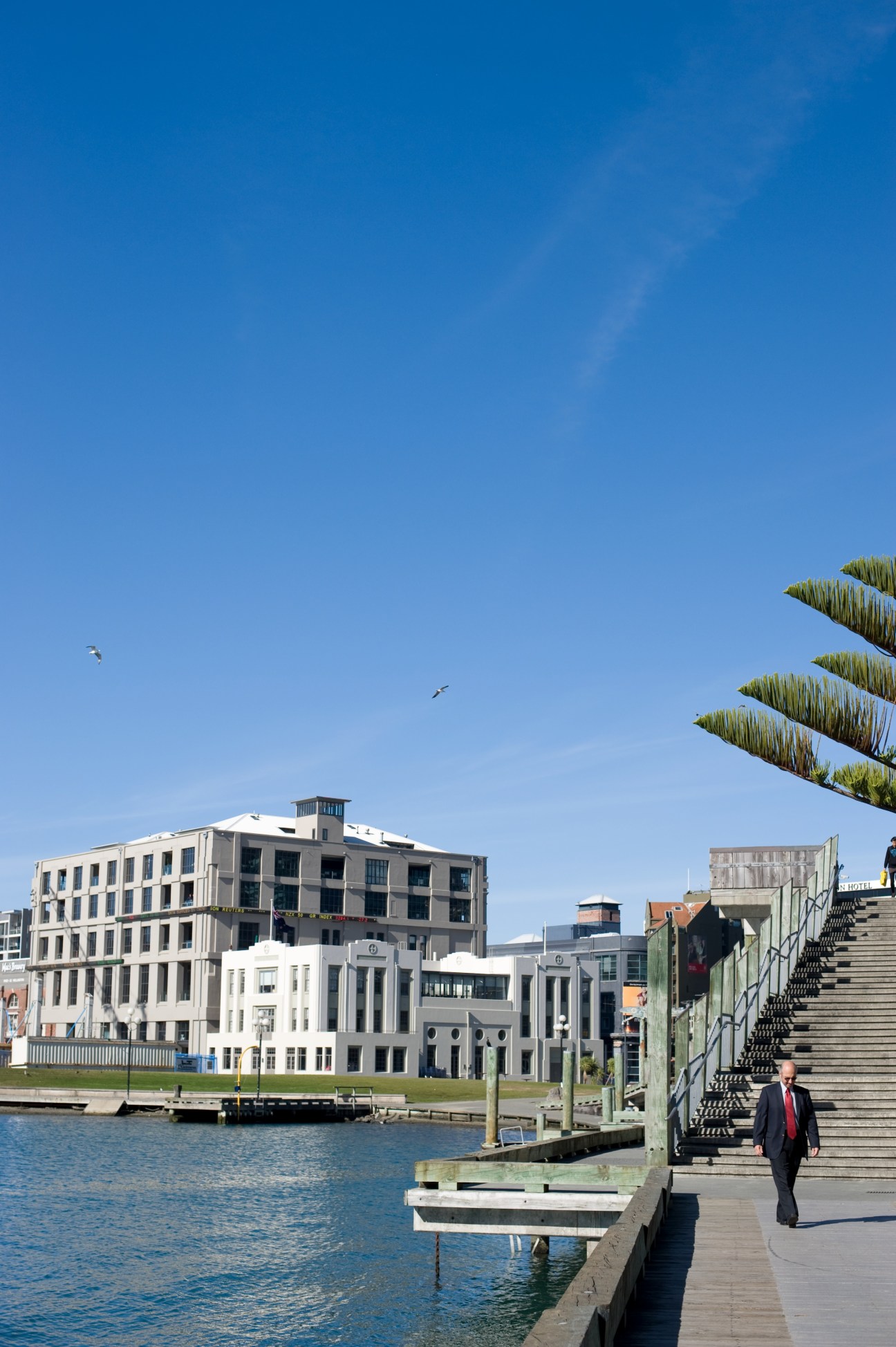 Wellington's Central Business District and waterfront with modern buildings and a man in business attire walking on a wooden pier.