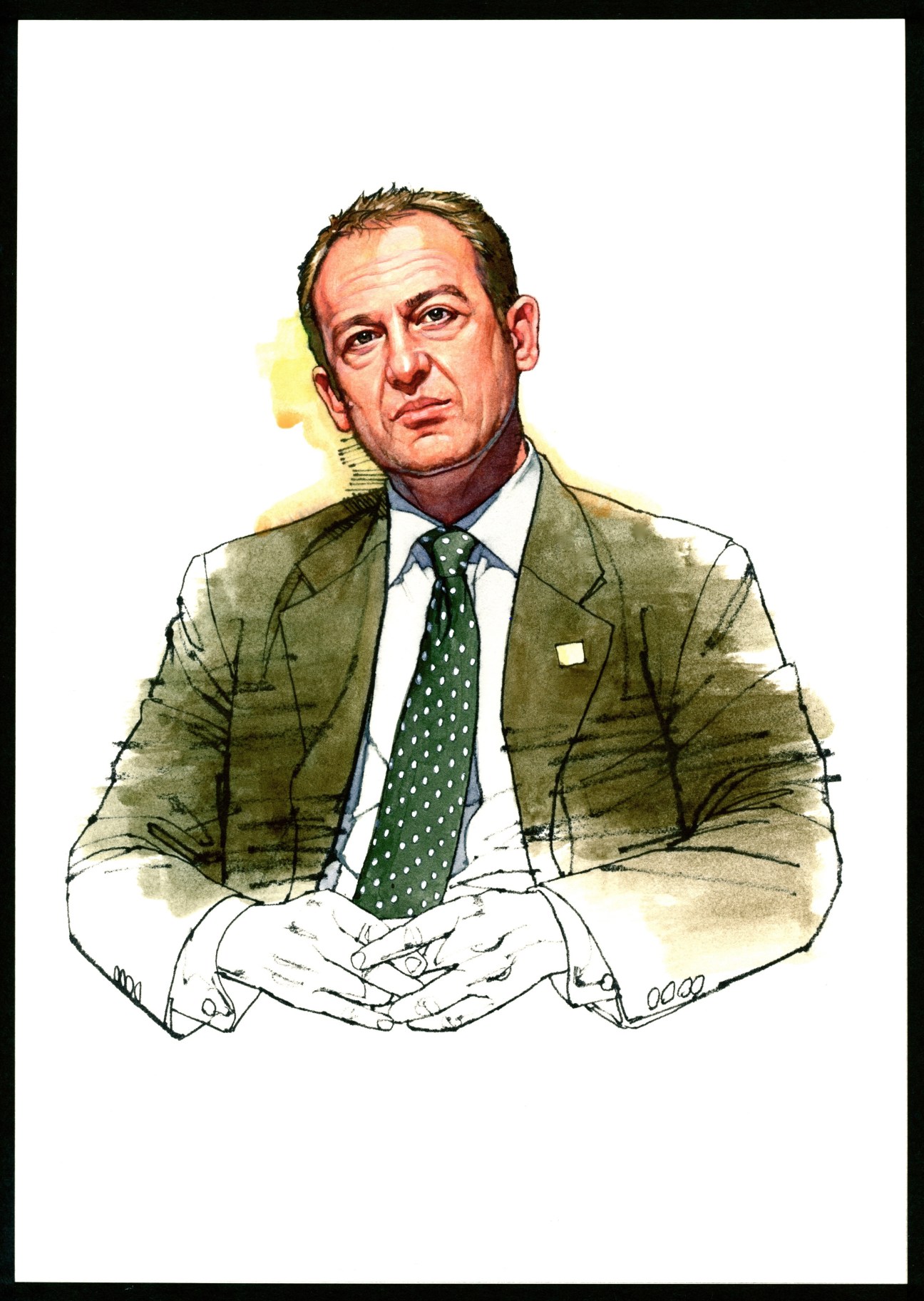 Illustration of Arturo Sarukhán, Mexican ambassador to the US, wearing a brown blazer and green polka dot tie.