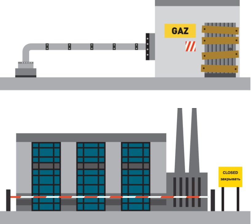 Illustration of abandoned industrial infrastructure in Siberia with a closed sign and gas pipes.