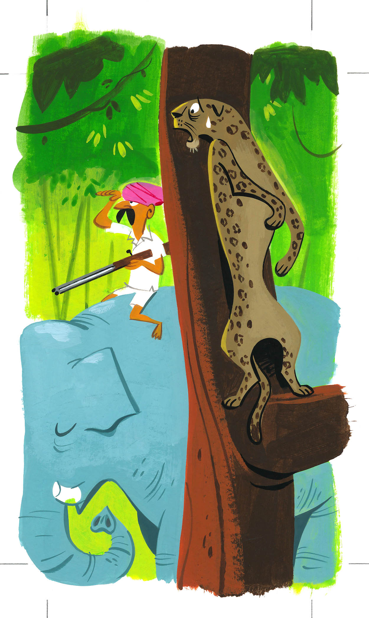 Illustration of a poacher with a rifle confronting a leopard in the jungle, with an elephant visible below.