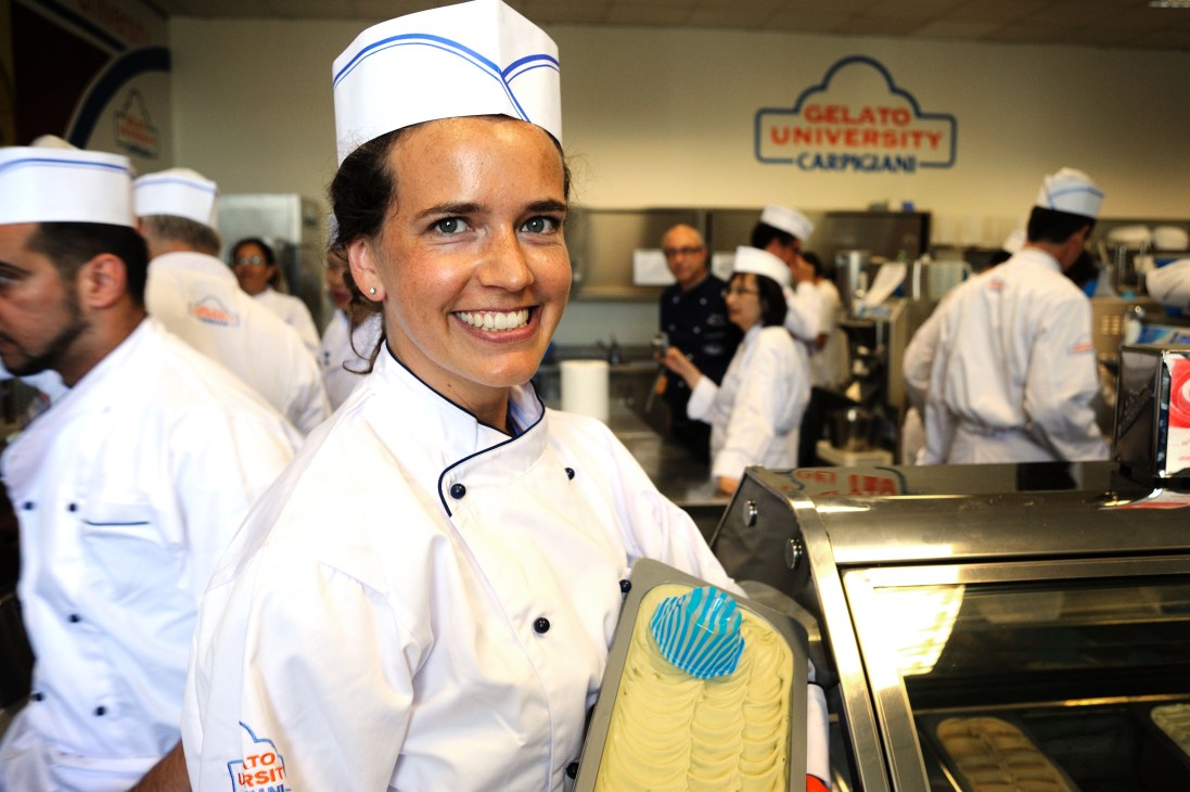 Zürich-based student Maren Schaefer smiles while displaying her first batch of gelato at Carpigiani Gelato University.