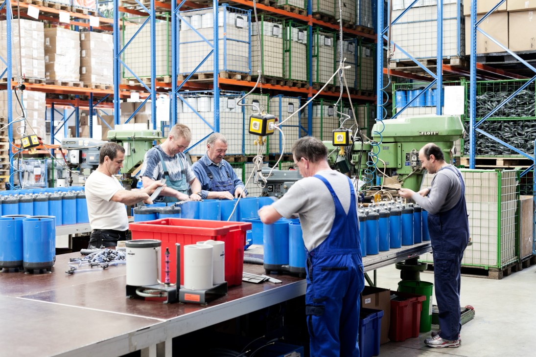 Workers assembling Spülboy glass washers at the Wuppertal factory in Germany.