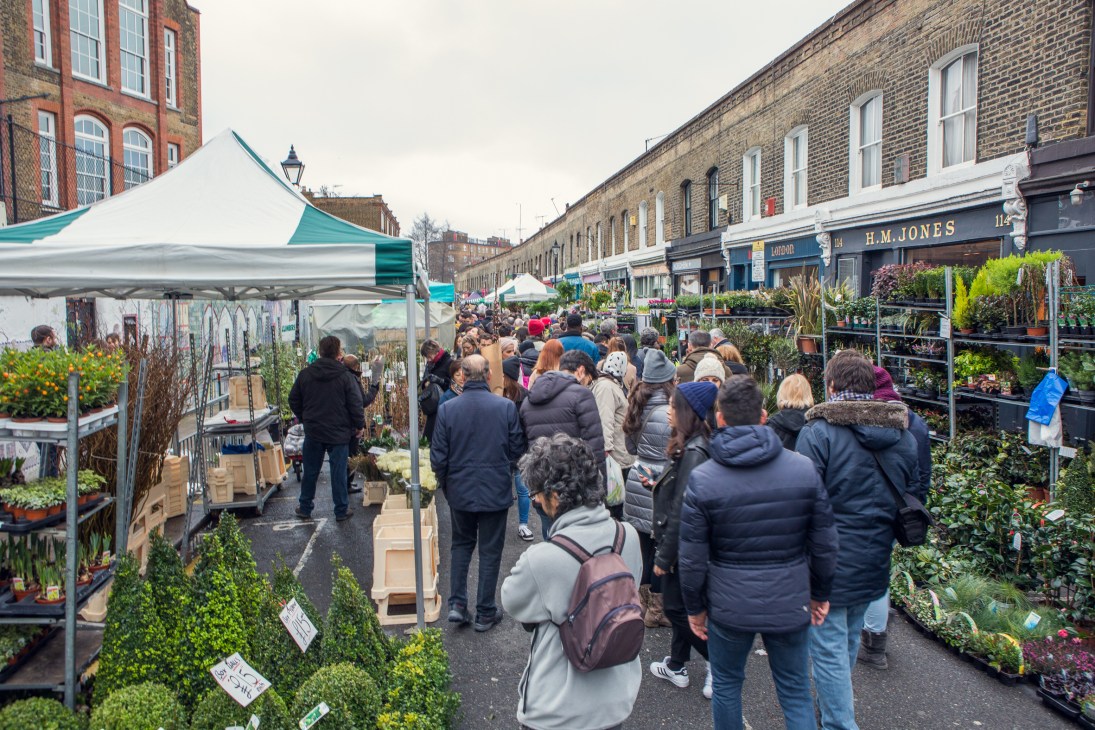 Crowds of shoppers browse flower stalls under white tents on Columbia Road's Sunday market.