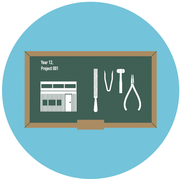 Illustration of a chalkboard displaying Year 12 Project 001 with icons of a storefront, chisel, and pliers on a blue circular background.