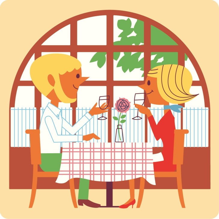 Illustration of two women dining at a table by a window with a rose and wine glasses.