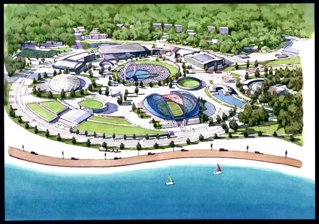 Aerial illustration of Sochi Olympic venues with circular stadium structures, green spaces, and coastal setting.