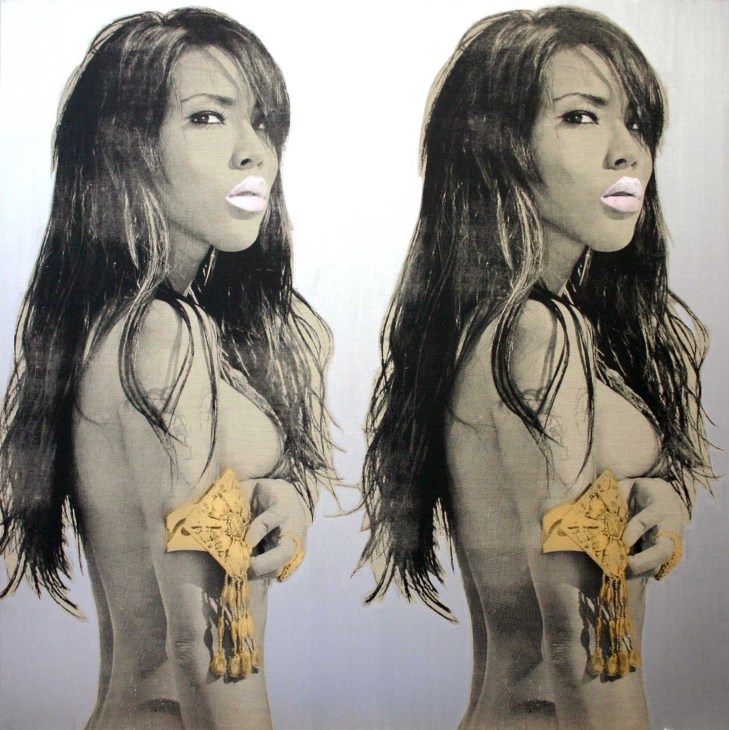 Diptych artwork depicting a figure with long dark hair holding a gold sculptural form against a white background.