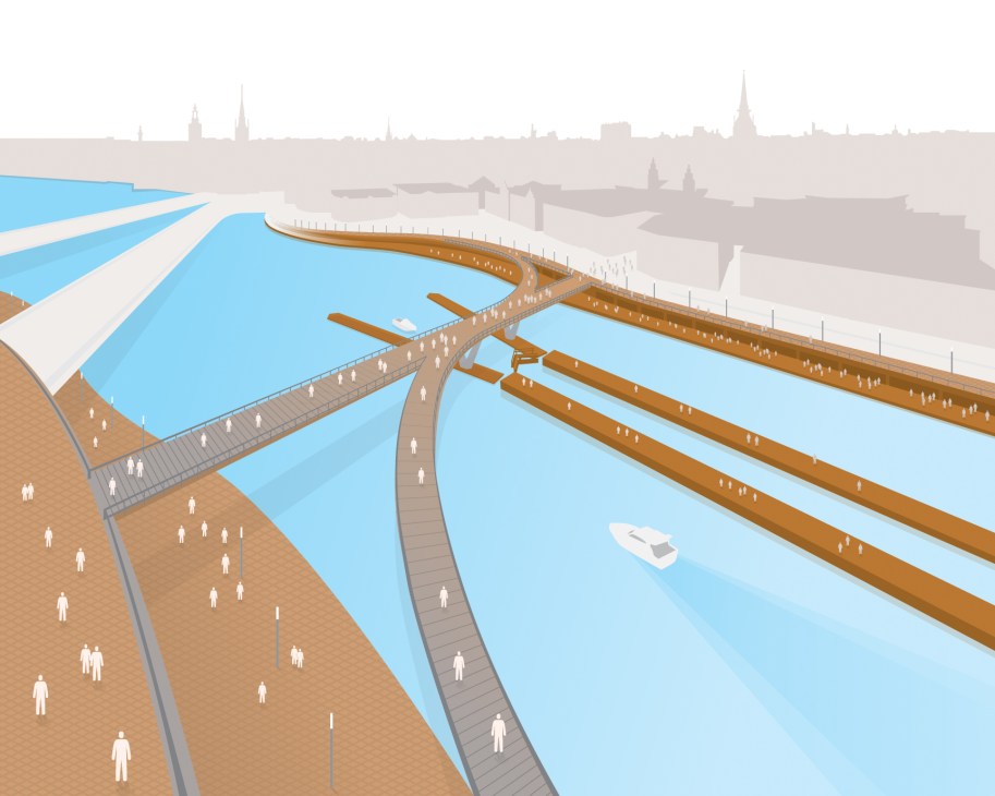 Architectural rendering of Slussen waterfront redesign in Stockholm showing footbridges, waterways and city skyline.