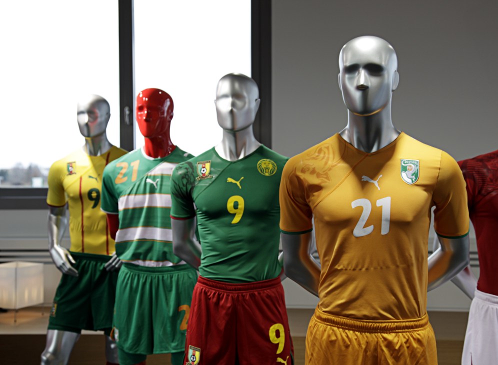 Mannequins displaying Puma football kits for Côte d'Ivoire and Cameroon in yellow, green, red and gold colors.