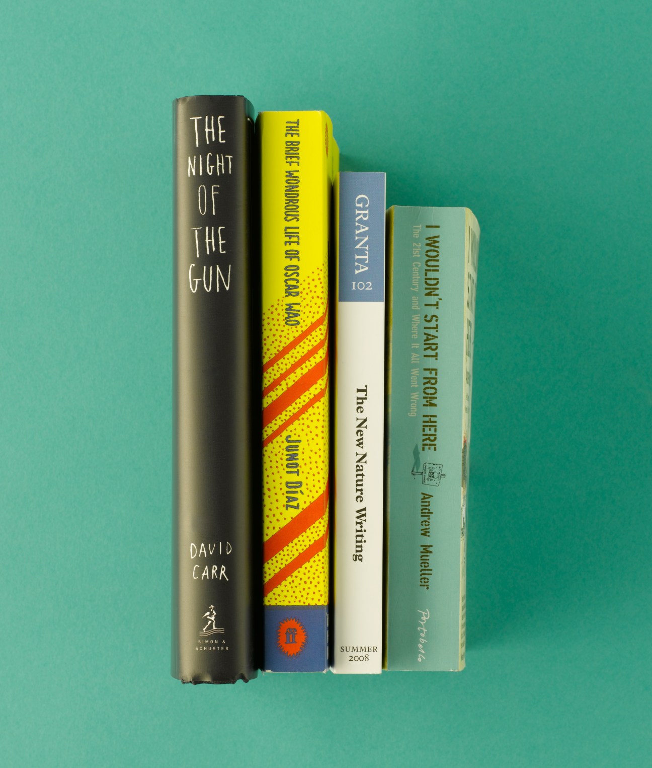 Four book spines displayed vertically against a turquoise background including The Night of the Gun by David Carr.