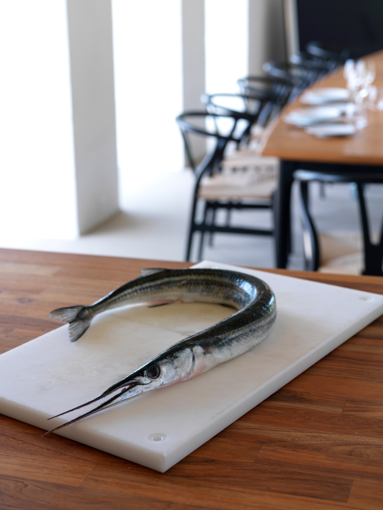 A whole raw garfish lying on a white cutting board at a wooden table in a bright dining room.