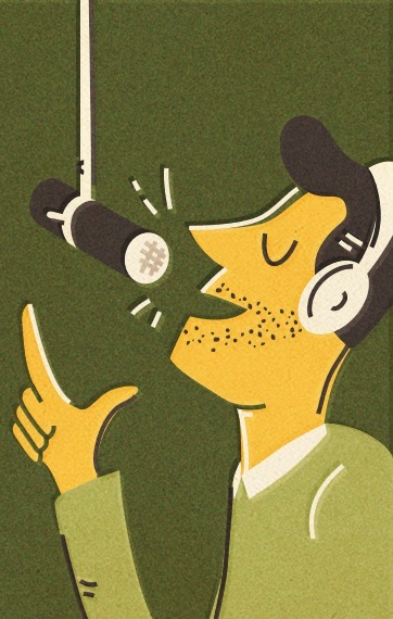 Illustration of a person wearing headphones holding a golf ball near a flagpole.