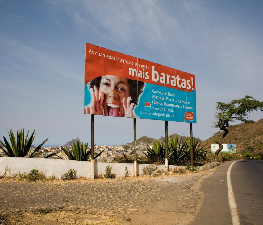 Roadside billboard advertising international phone calls near Assomada, Santiago, Cape Verde.