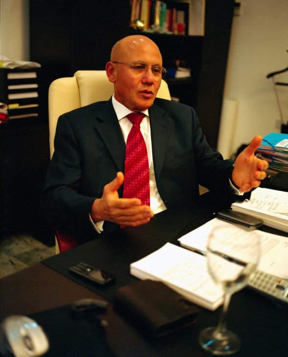 Mehmet Ali Talat, president of Northern Cyprus, gestures while speaking in his office.