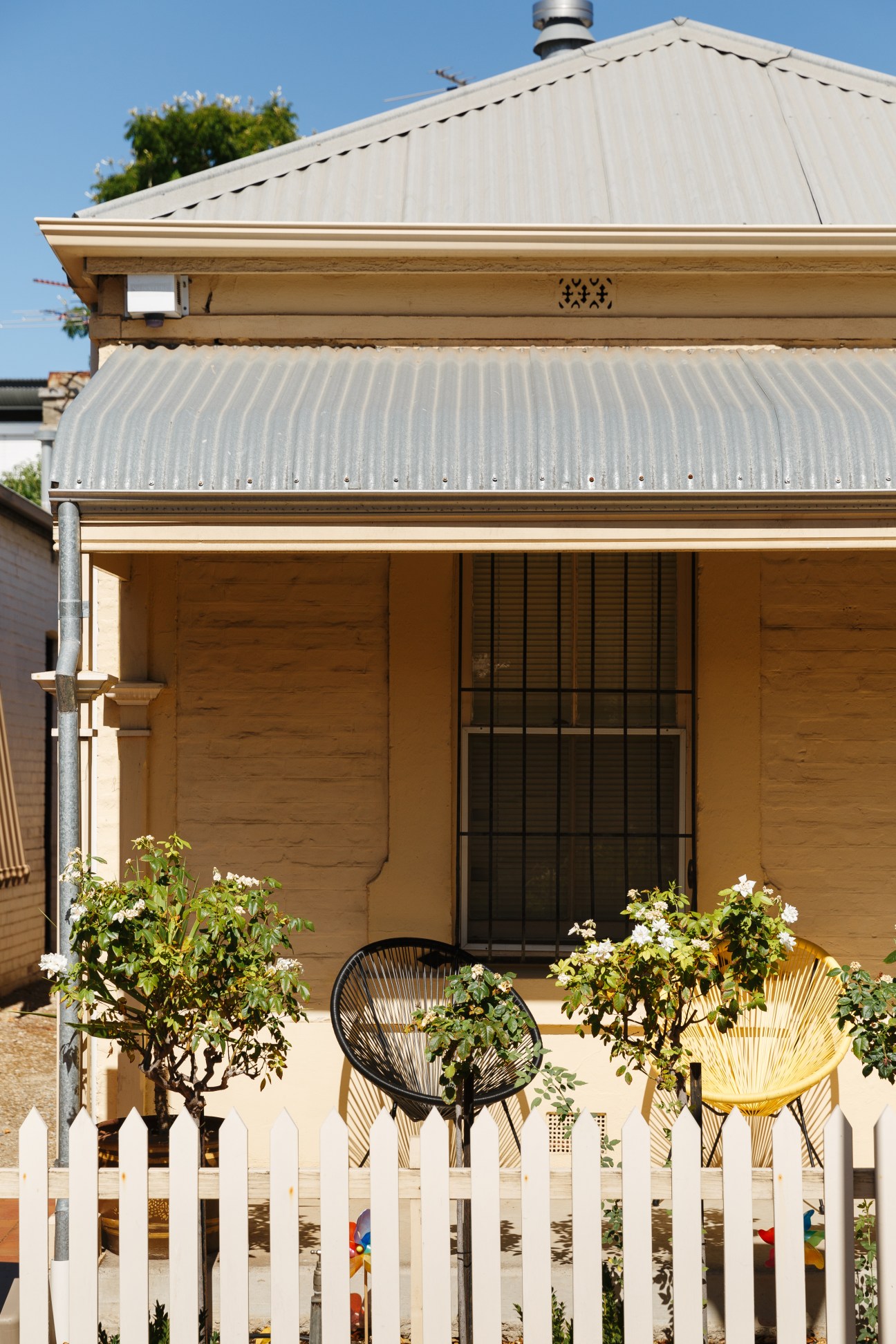 Colonial-era cottage with cream-colored walls, corrugated metal roof, white picket fence and potted plants.