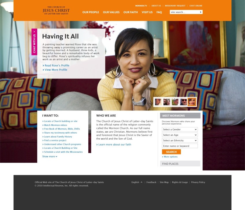 Mormon Church webpage showing a woman in yellow seated on a patterned couch, promoting faith-based advertising campaign.