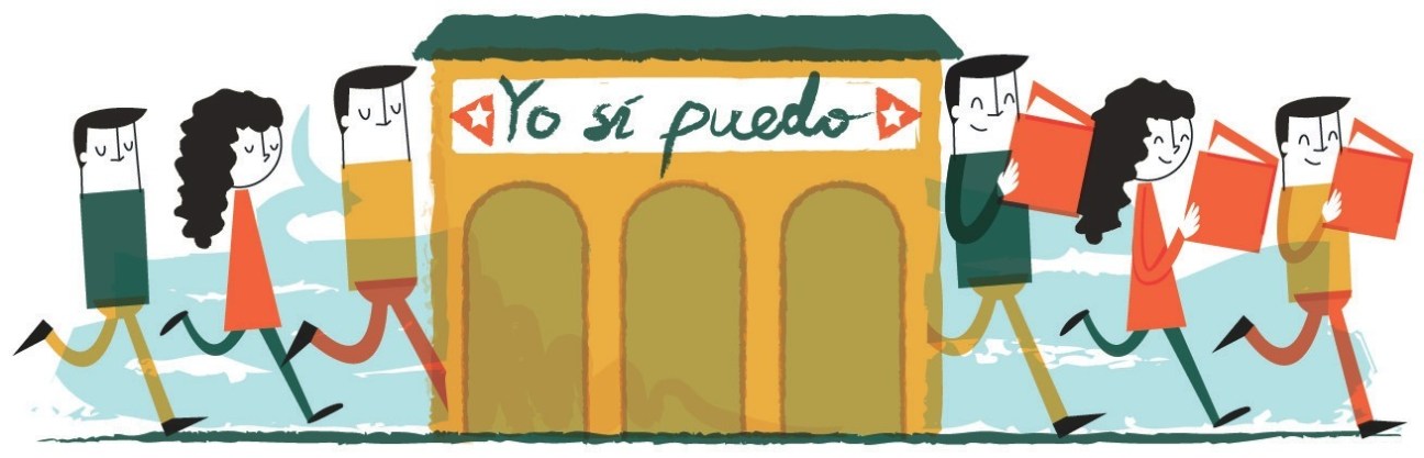 Illustrated characters celebrating outside a yellow schoolhouse with "Yo sí puedo" text and Cuban flag.
