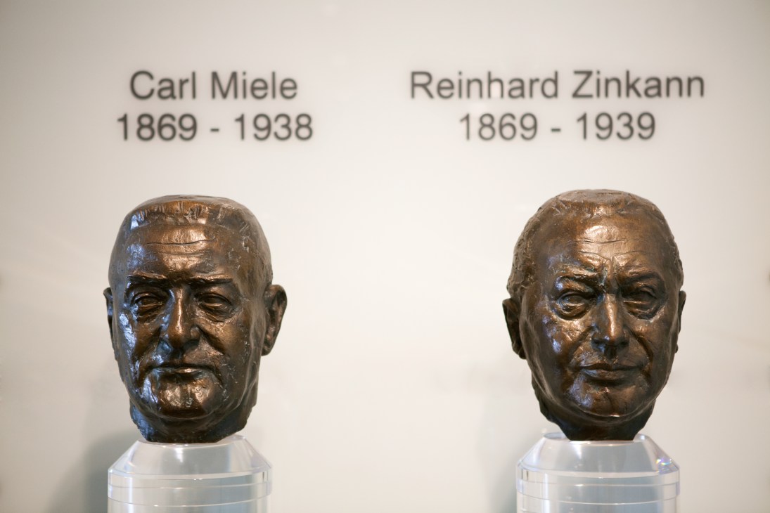 Bronze busts of Carl Miele (1869-1938) and Reinhard Zinkann (1869-1939), the founders of Miele.