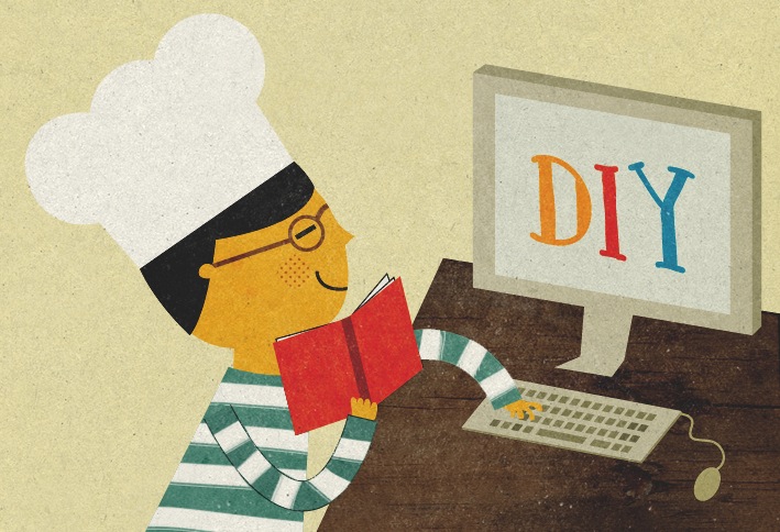Illustration of a figure with a chef's hat reading a book at a computer displaying 'DIY' on screen.
