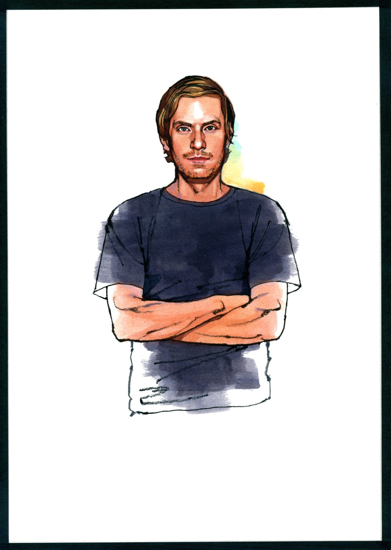 Portrait illustration of artist Cory Arcangel wearing a dark blue t-shirt with arms crossed.
