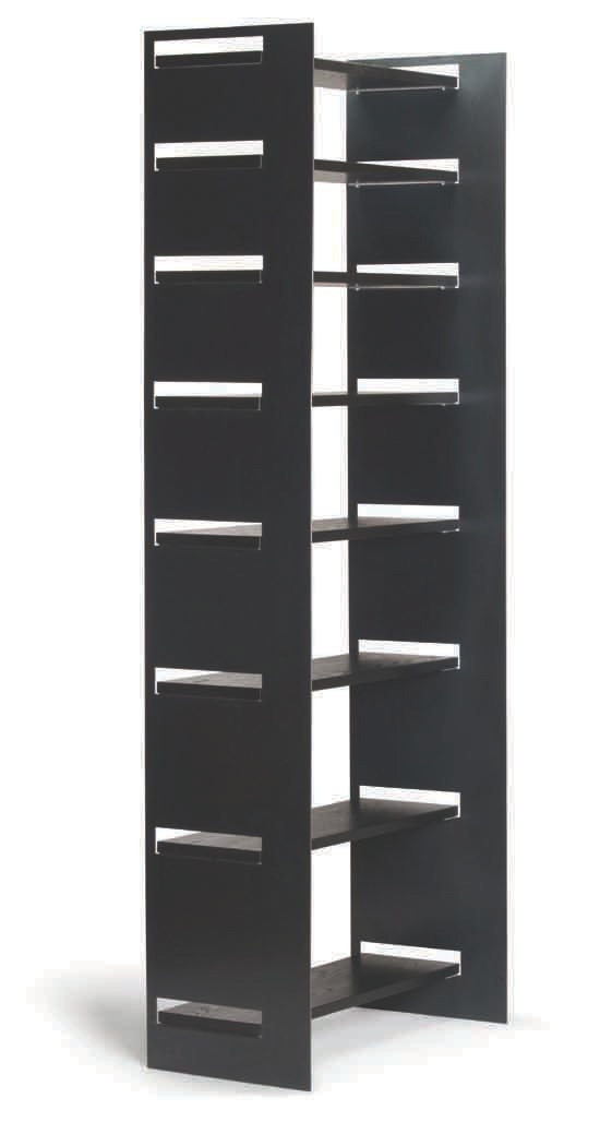 Tall black steel shelving unit with multiple horizontal shelves and metal support bars.